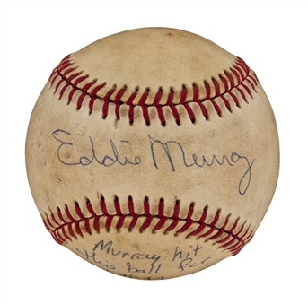 1984 Eddie Murray Game Used and Signed Actual 209th Career Home Run Baseball - Signed and Inscribed By Pete Ladd Who Gave Up Home Run (MEARS and JSA)